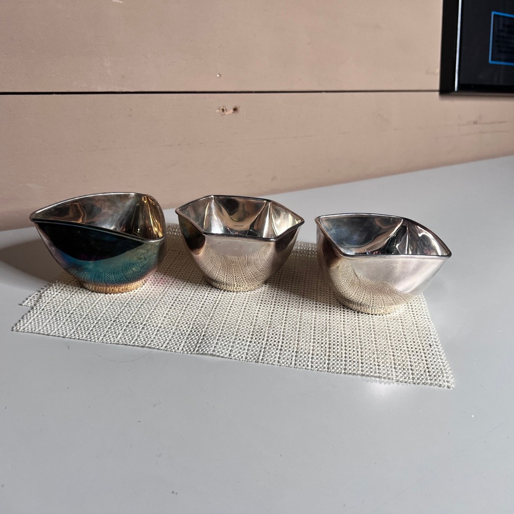 Paradigm India Silver Tone Metal Nut Bowls Set of 3 Geometric Teardrop Hex